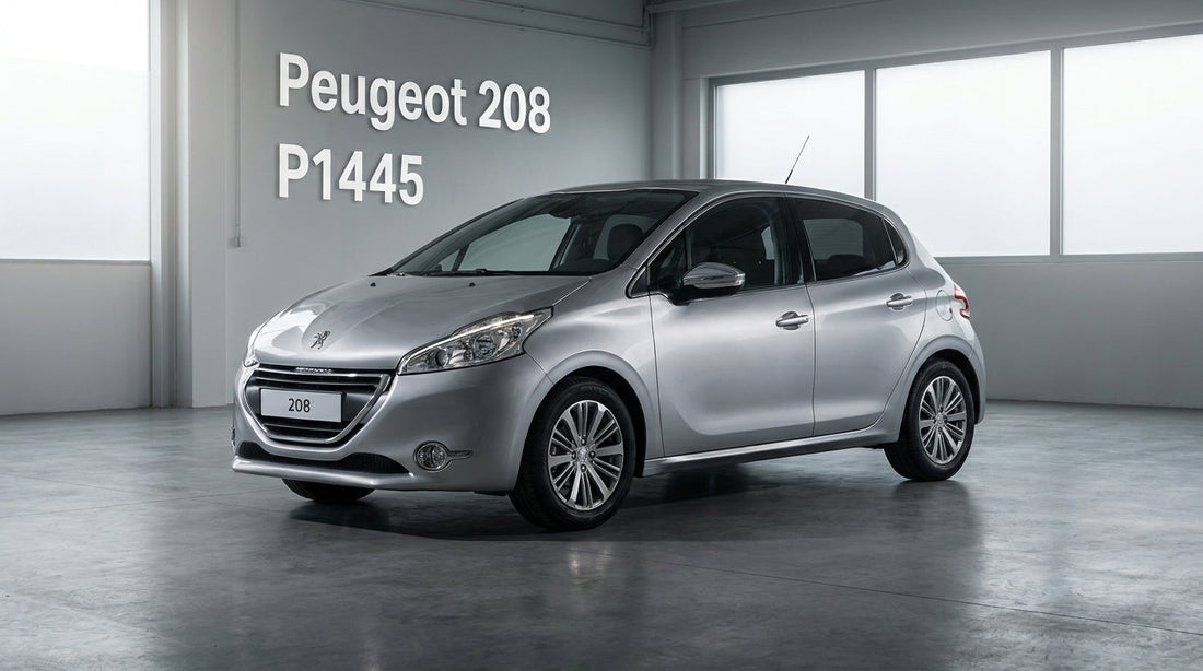 Peugeot 208 I diesel en vue trois-quarts avant dans un atelier automobile sobre.