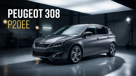 Peugeot 308 II vue de trois-quarts avant dans un atelier sobre.
