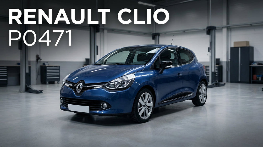 Renault Clio IV vue de trois-quarts avant dans un atelier mécanique sobre capot fermé