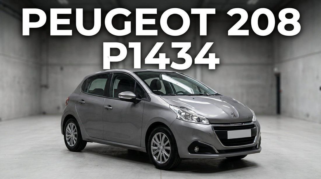 Peugeot 208 de première génération vue de trois-quarts avant dans un atelier sobre.