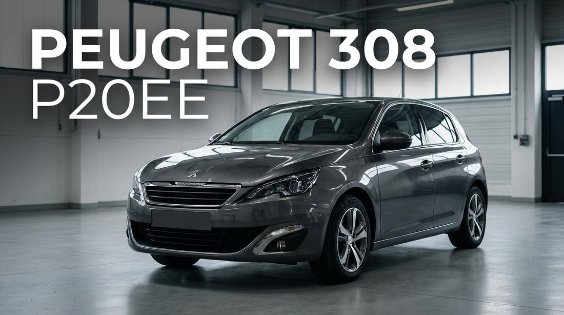 Peugeot 308 II vue trois-quarts avant dans un atelier mécanique sobre